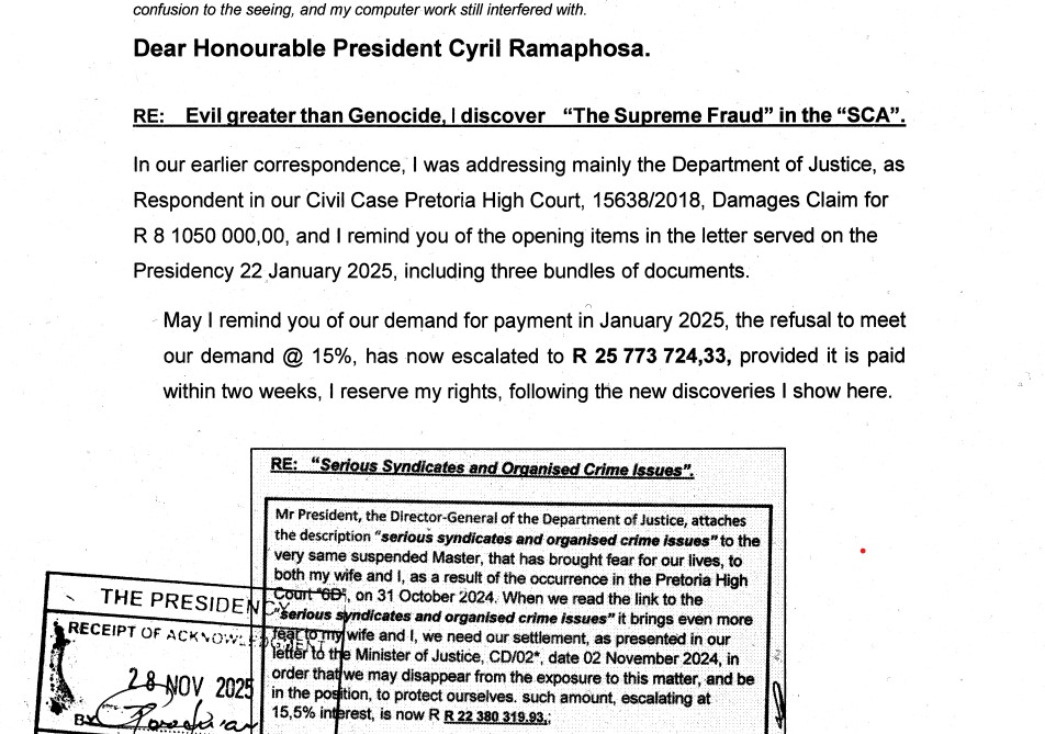 Letter to President Ramaphosa, 25 November 2025, fraud in the SCA